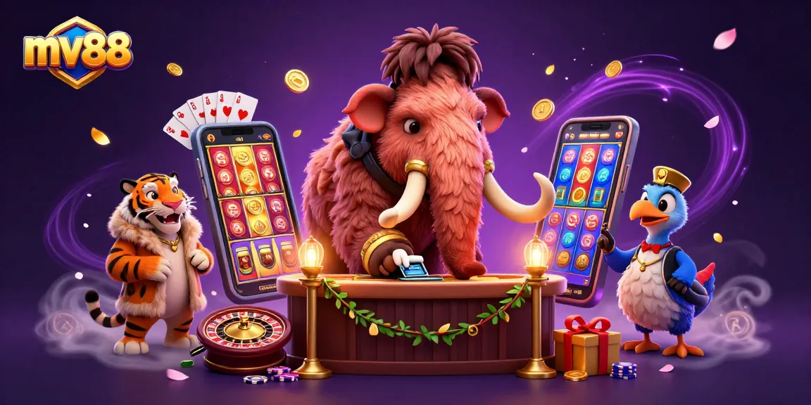 Experience excitement at mv88 with a vibrant casino scene featuring unique characters and gaming elements.
