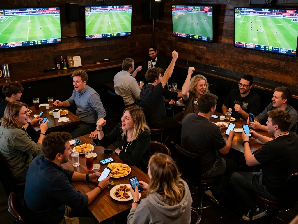Bongdalu live sports betting scene with patrons cheering and using mobile apps