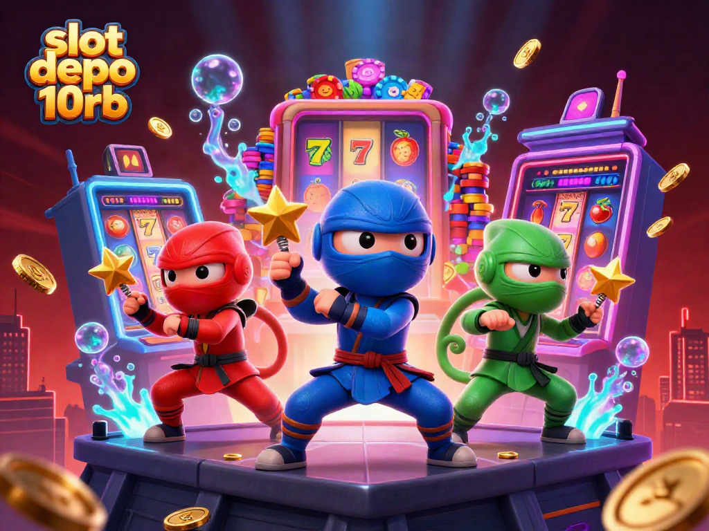 Engage with slot depo 10rb action in a vibrant 3D scene showcasing ninja chameleons and slot machines.