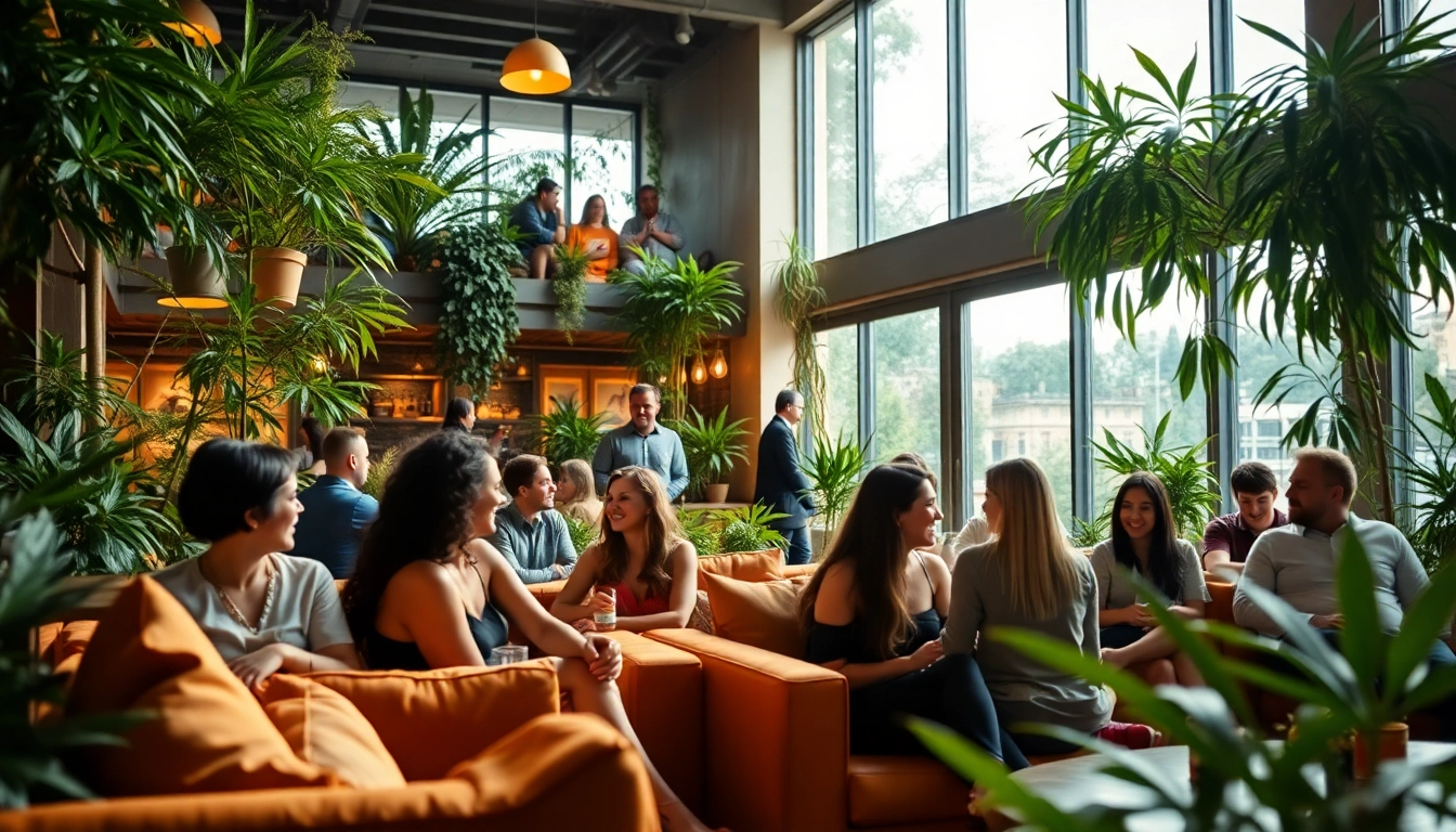 Friends enjoying their time at a Weed Club Madrid, surrounded by greenery and stylish decor.