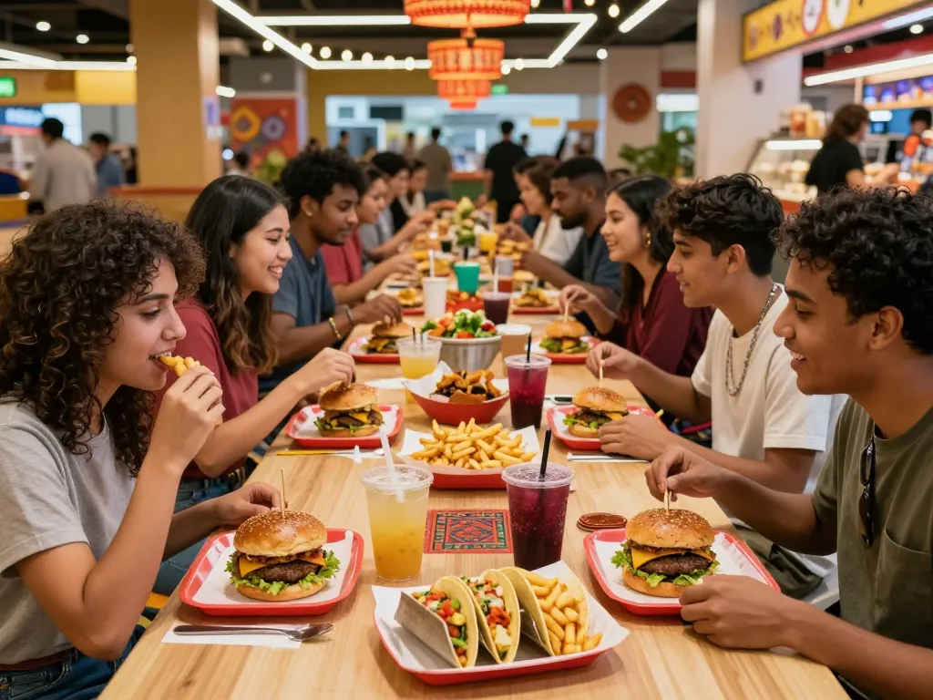 Fast food menu items like burgers and fries featured at a lively food court.