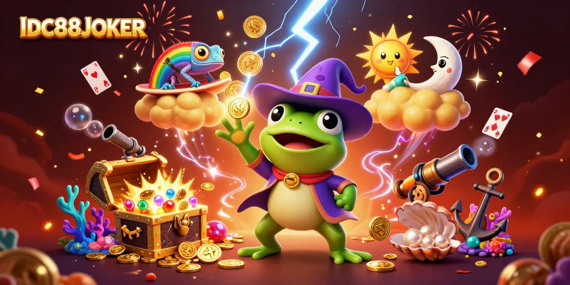 Experience the thrill of winning with IDC88JOKER's vibrant 3D illustration featuring casino elements and exciting characters.