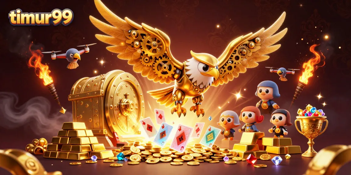 Experience excitement with timur99 as a golden eagle navigates a treasure-filled casino landscape.