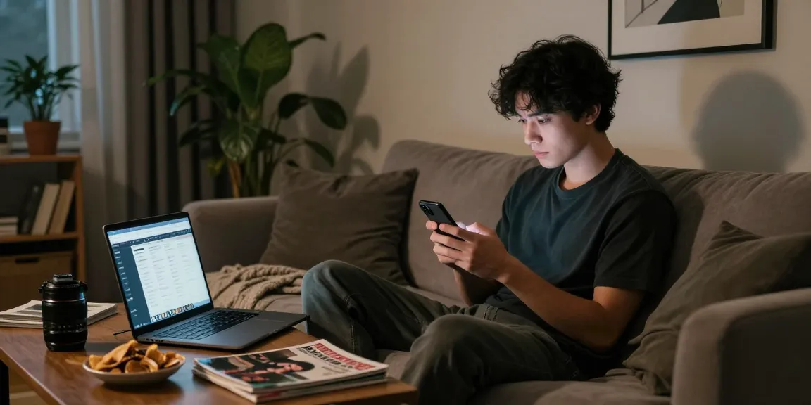 Young adult engaging with NSFW content on smartphone in a stylish urban apartment.