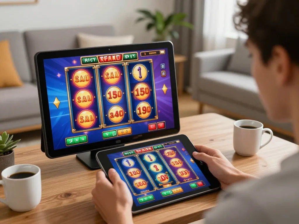 Player enjoying online casino gaming experience at home with 58wiin tablet and colorful slot games.