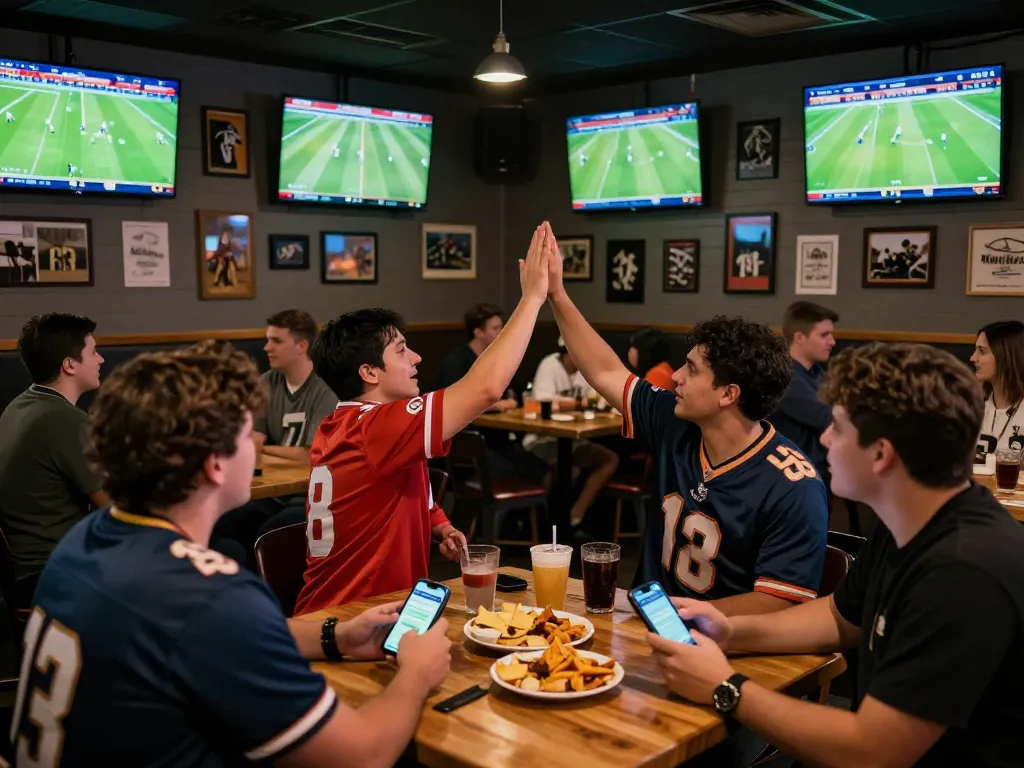 Fans engaging in sports betting at a lively bar, showing mobile app usage and team spirit through the lens of nhandinhkeonhacai.