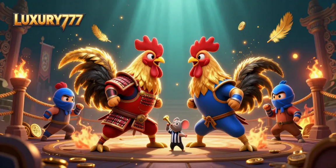 Permainan LUXURY777 menampilkan ayam petarung dalam arena dramatis dengan efek mengesankan.