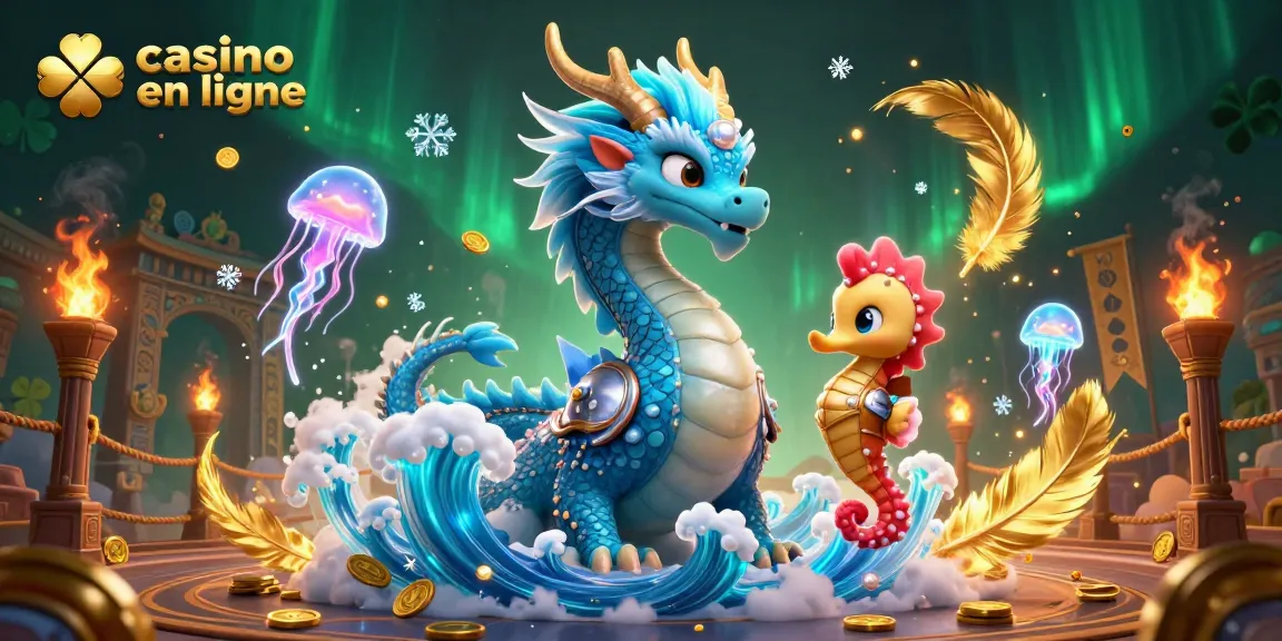 Jouez à des jeux de casino en ligne avec l'illustration d'un dragon et un chevalier de corail.