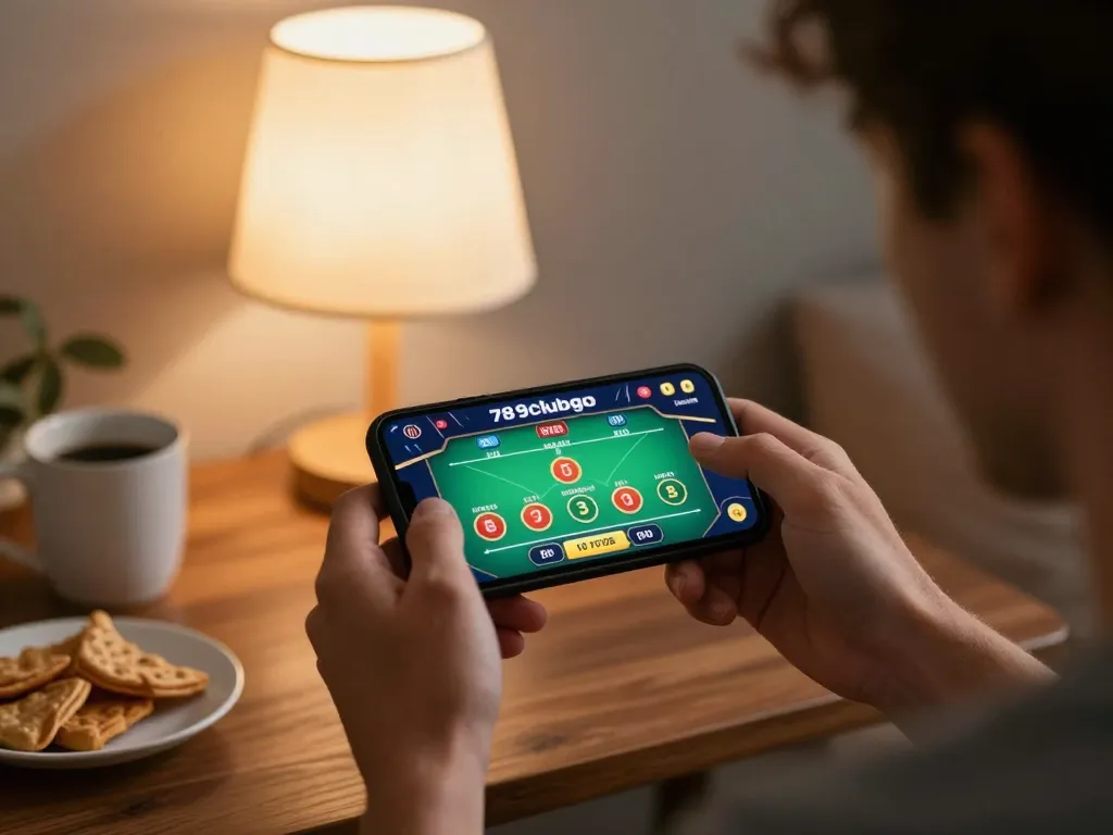 Player enjoying a thrilling game on 789clubgo mobile app in a cozy home environment