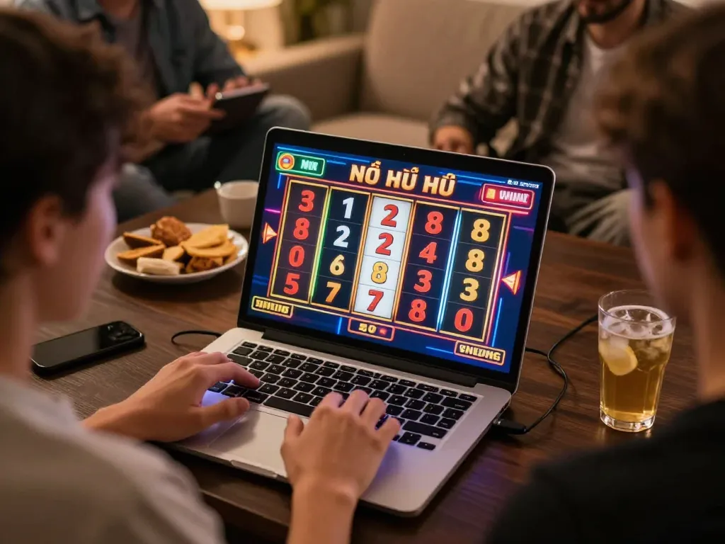 Players enjoying game nổ hũ excitement while spinning reels in a cozy home setting