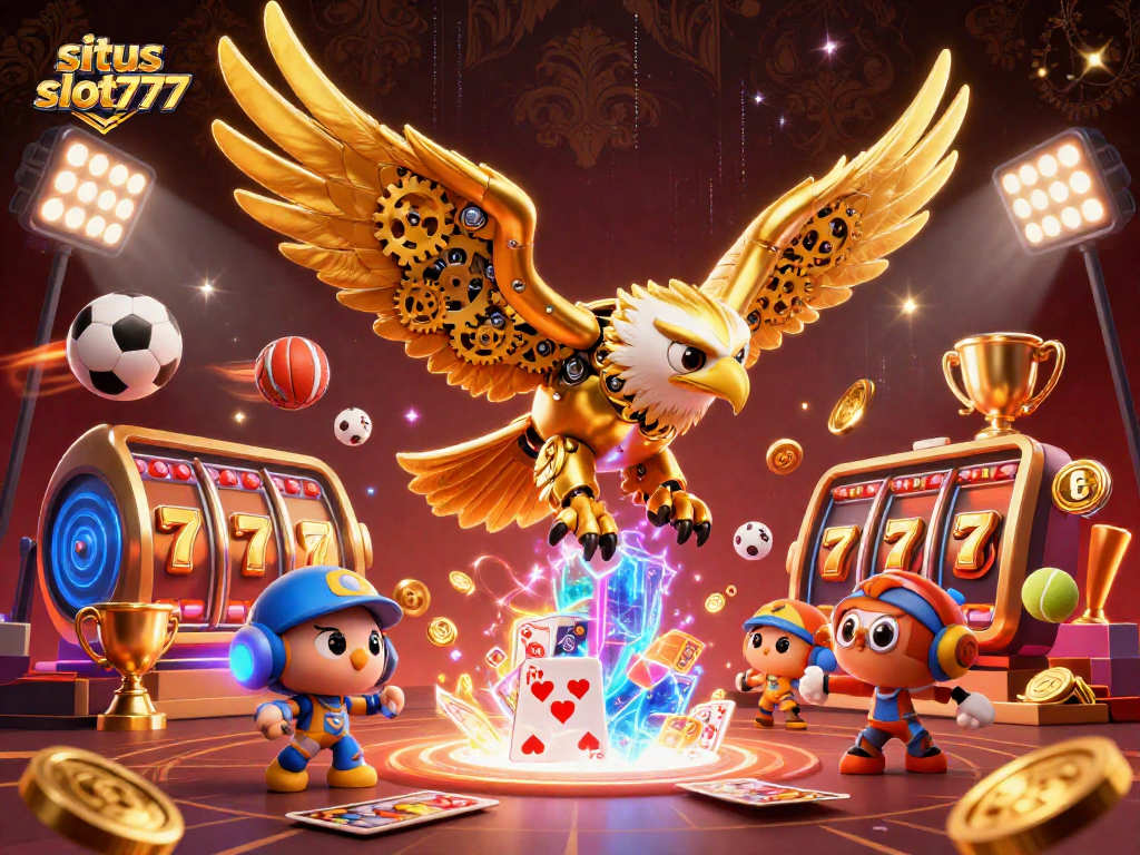 Experience the thrill of winning at situs slot777 with dynamic slot reels and golden trophies.