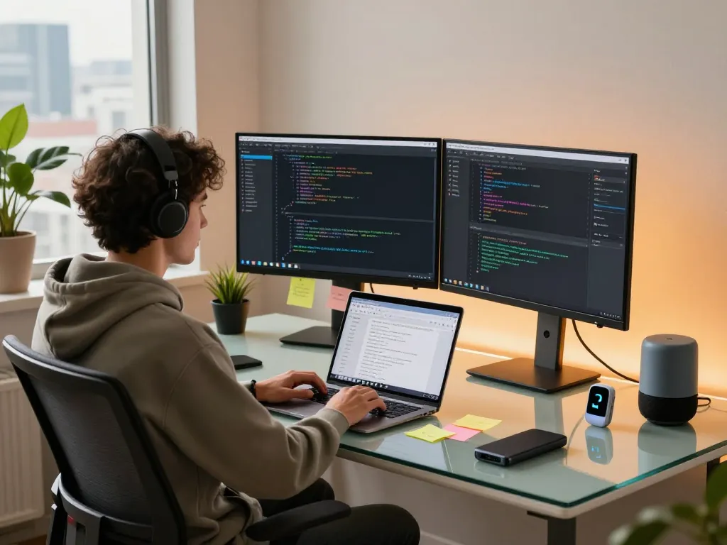 Moltbot in action at a modern tech workspace with dual monitors showing code and chat applications.