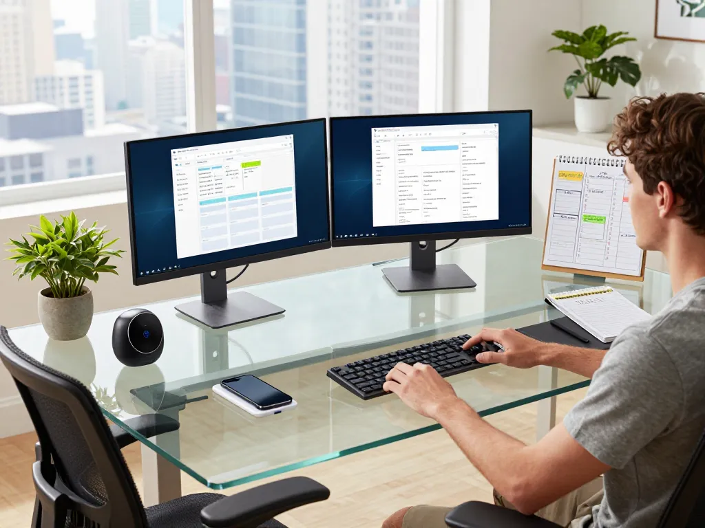 Modern workspace scene with tech gadgets for productivity, showcasing a professional using multiple monitors, Bluetooth keyboard, and smart devices in an organized environment.