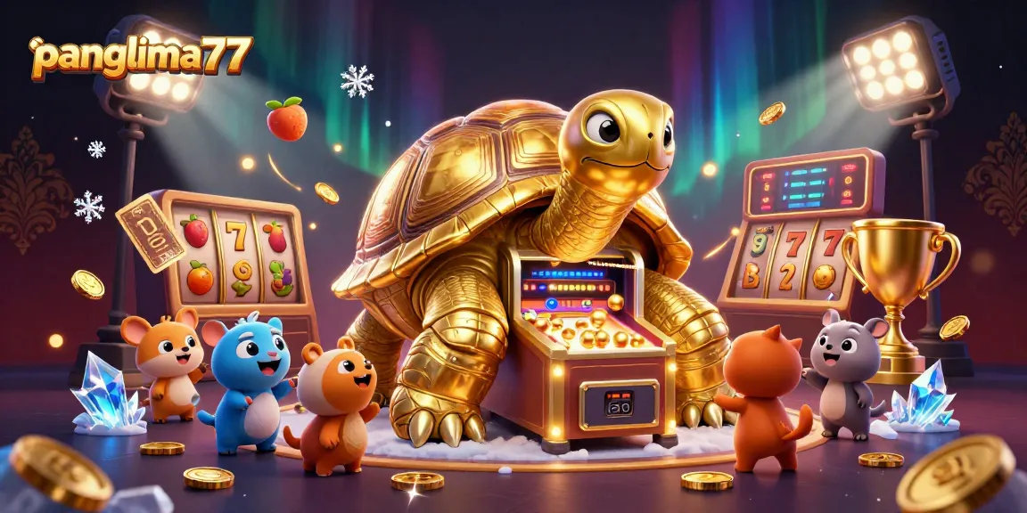 Experience the thrill of panglima77 with vibrant slot game elements and a dynamic golden tortoise in a playful casino scene.
