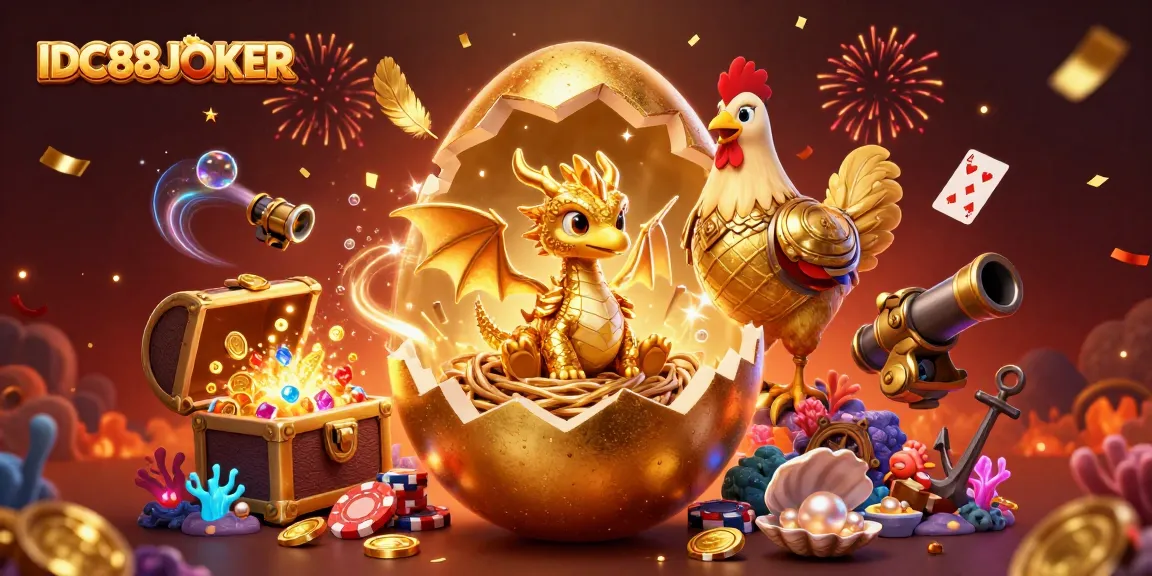Experience thrilling winnings with IDC88JOKER as a dragon emerges from a golden egg surrounded by casino treasures.