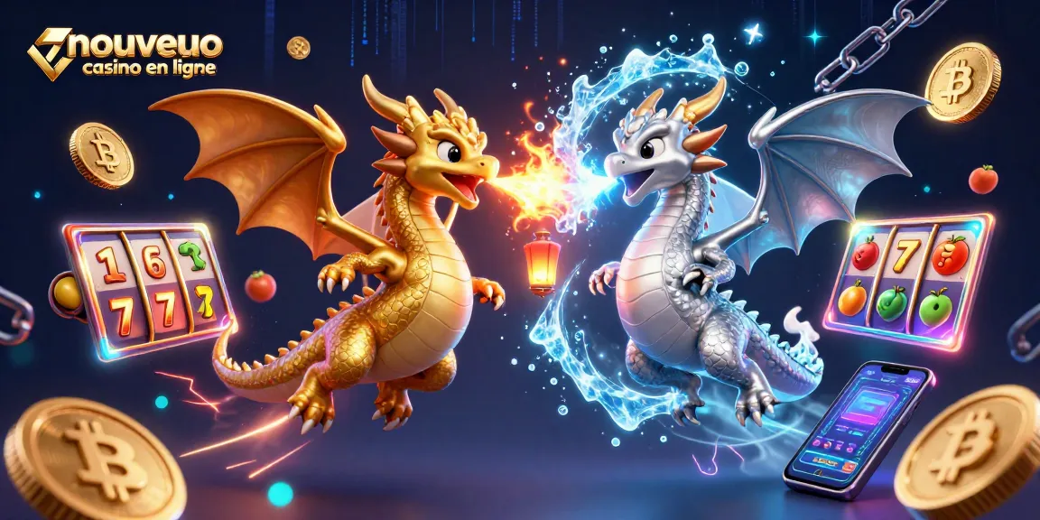 Jouez au nouveau casino en ligne avec notre illustration de dragons et des éléments de jeu.