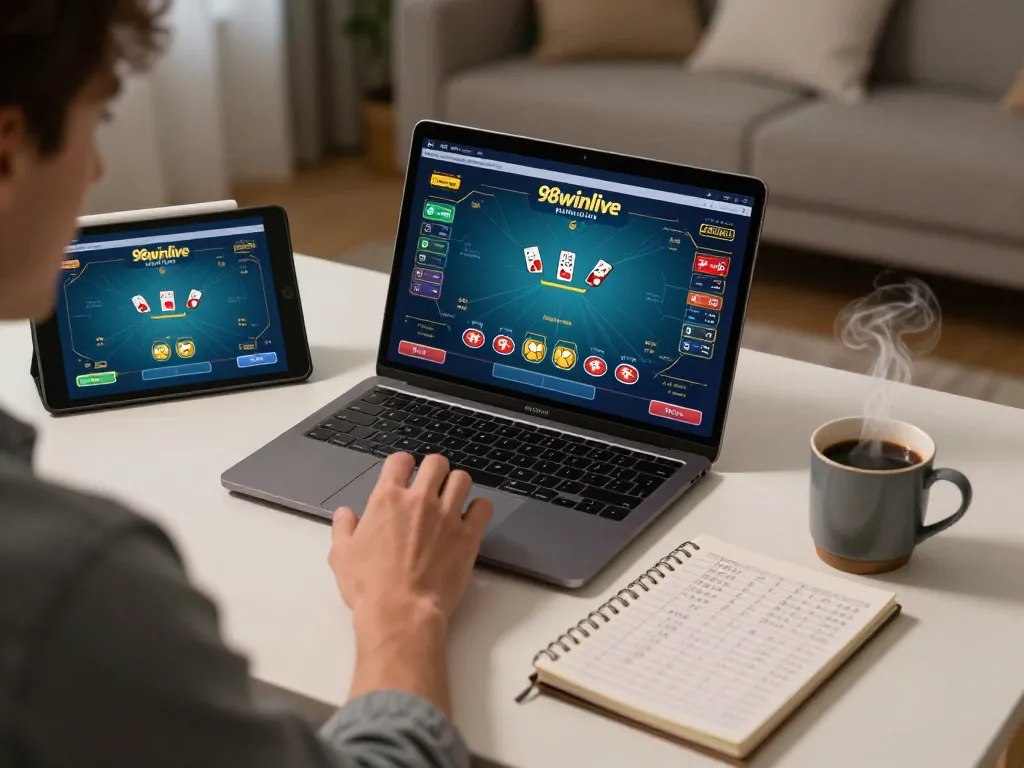 Player engaged in strategic poker gaming session on 98winlive platform in modern home setup.