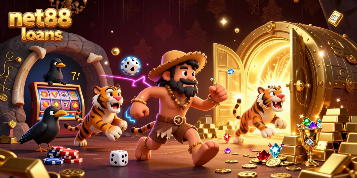 Engage with net88 loans in this lively illustration of a prehistoric casino with slot elements and treasure.