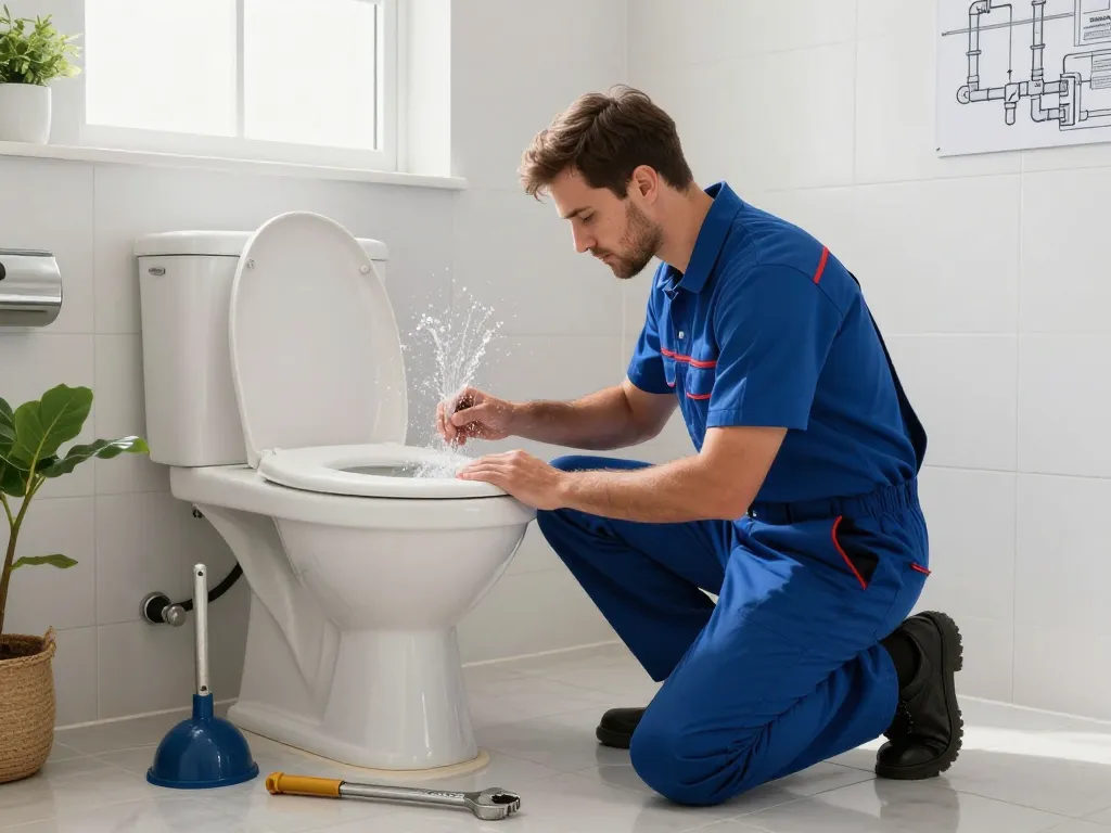 Apex Plumbing Services Eastern Suburbs plumber diagnosing a leaking toilet in a modern bathroom setting.