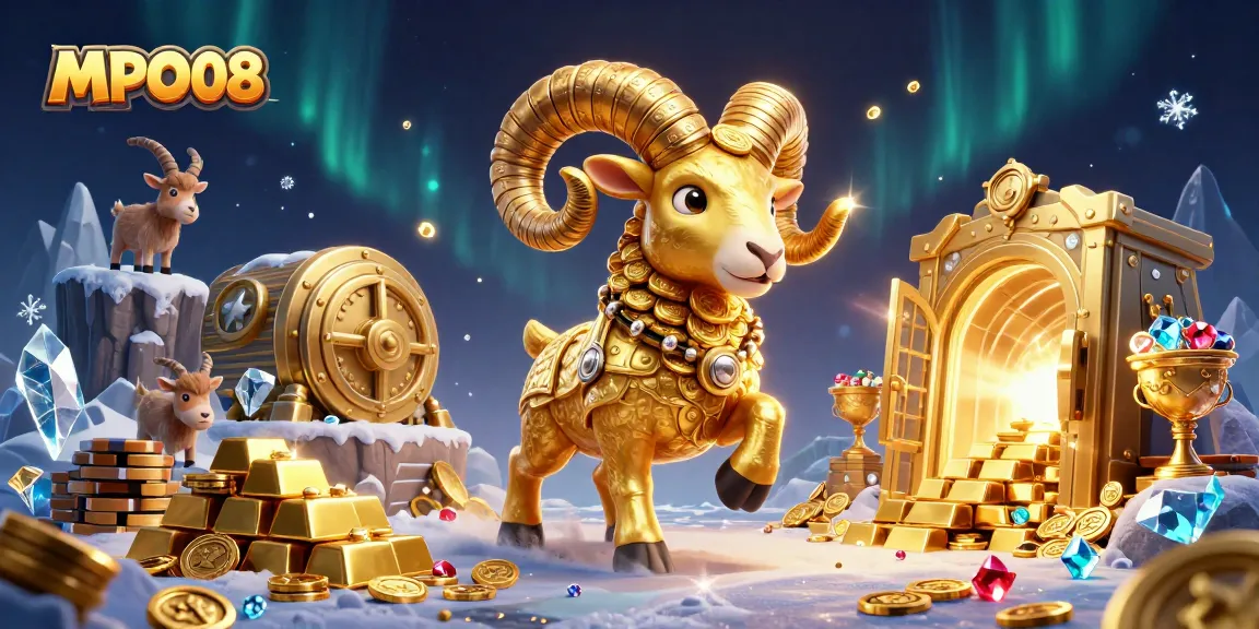 MPO08 captures a thrilling moment of a massive golden ram charging towards a treasure vault, surrounded by sparkling gems and coins.