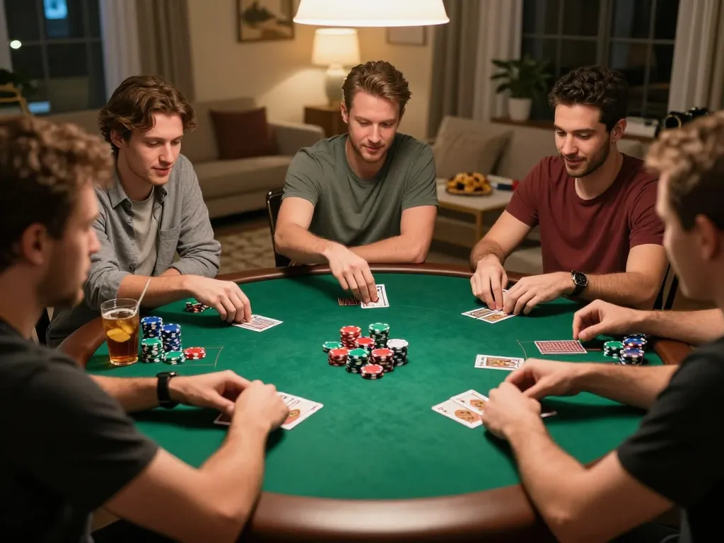 Engaging poker game among friends at home, showcasing excitement and strategy with 789win.