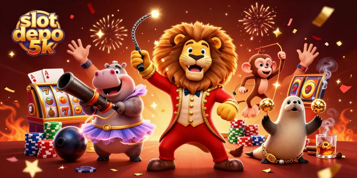 Experience thrilling gameplay with slot depo 5k in a vibrant 3D illustration featuring lively casino mascots.