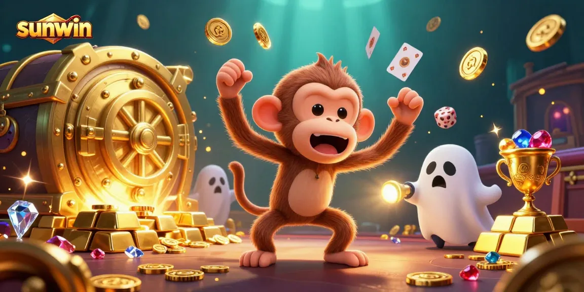Experience the magic of sunwin with a playful poltergeist and ghost-hunter puppy in a vibrant casino.