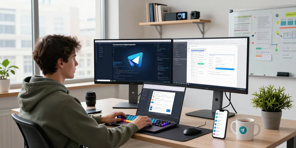 Developer using telegramin-cn.com interface in a modern workspace.