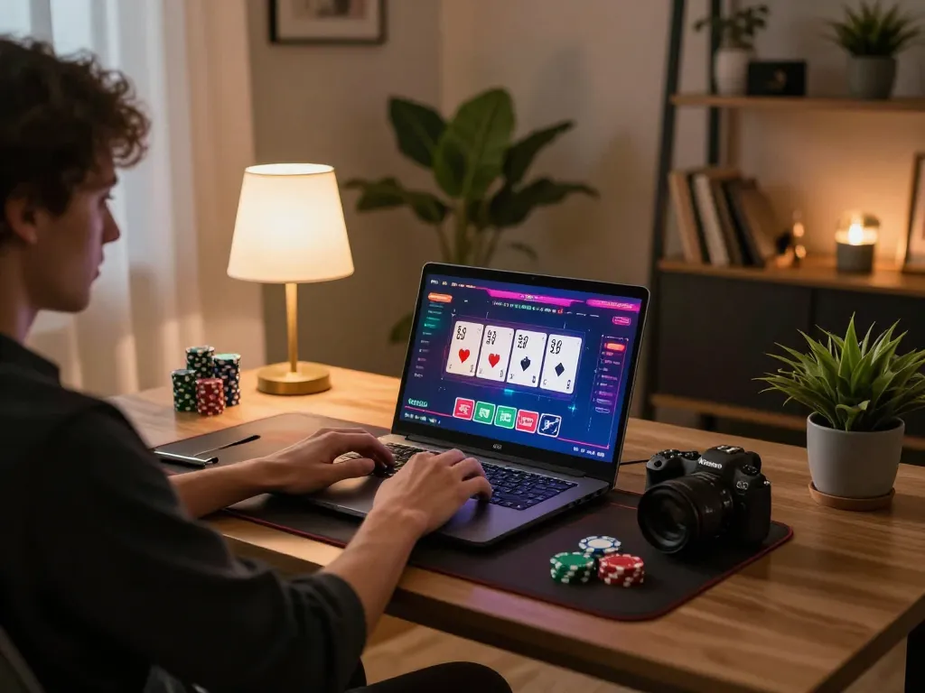 Person engaging in an online casino game showing nhacaiuytinn setup with chips and cards.