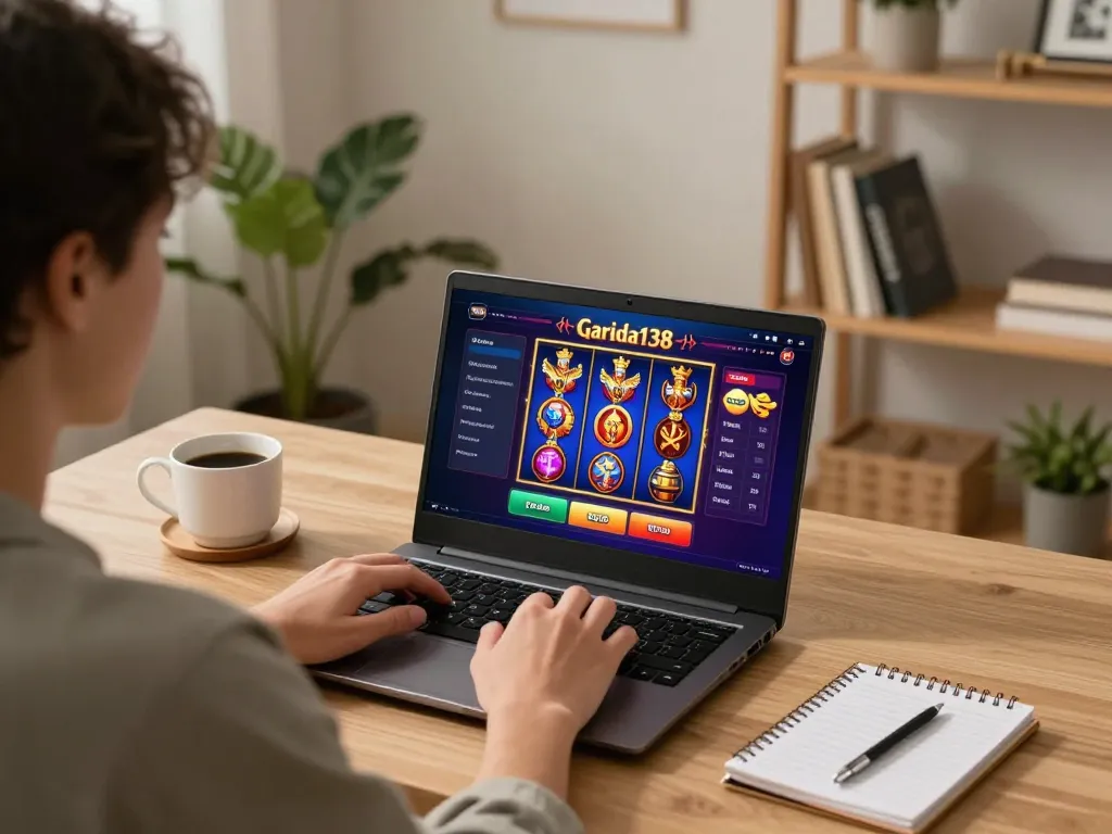 Engaging online gaming scene with king garuda138 slot on laptop, showcasing responsible gambling strategy.
