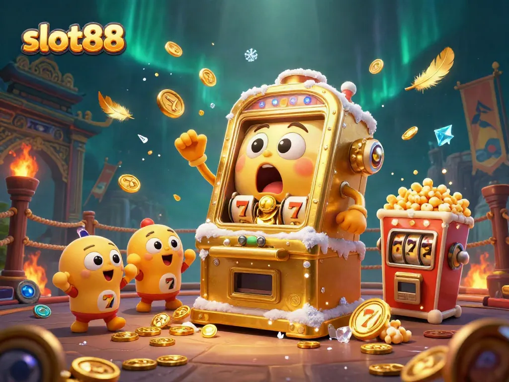 Experience the excitement of slot88 as the golden slot machine hits a jackpot, surrounded by cheering baby machines and dynamic casino elements.