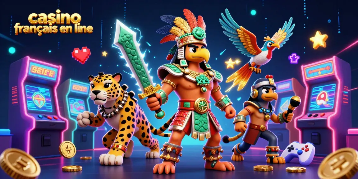 Un aventurier Aztèque brandissant une épée, accompagné d'un jaguar et de quetzals, illustrant un casino français en ligne vibrant.