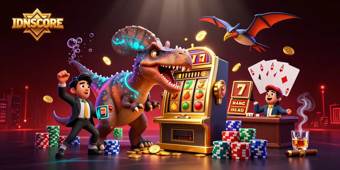 IDNSCORE's pachycephalosaurus hits a golden slot machine as the ankylosaur manager waves, capturing a jackpot scene.