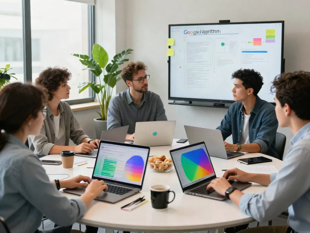 Collaborative discussion about rokok88 slot and Google updates in a modern office.