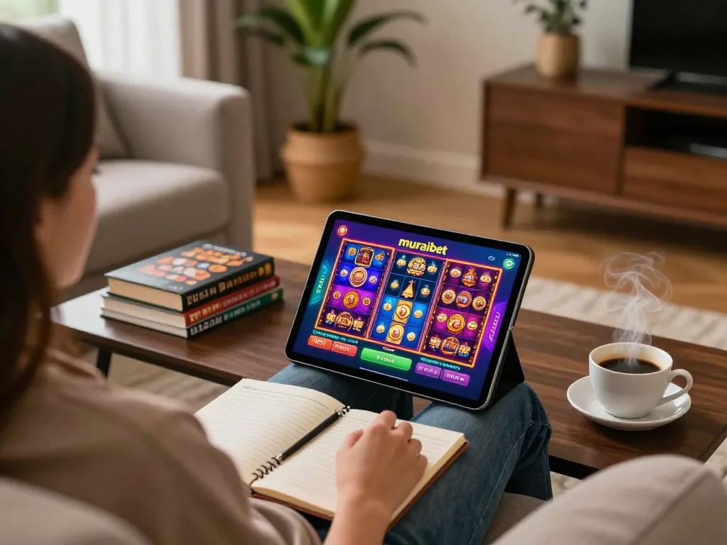 Engaging in online gambling with muraibet app on tablet in a cozy living room