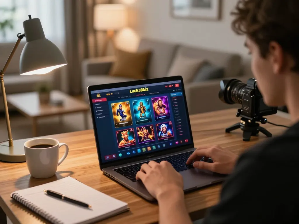 Player engaging with the luck8biz online casino platform from a cozy home setup, immersed in the gaming experience.