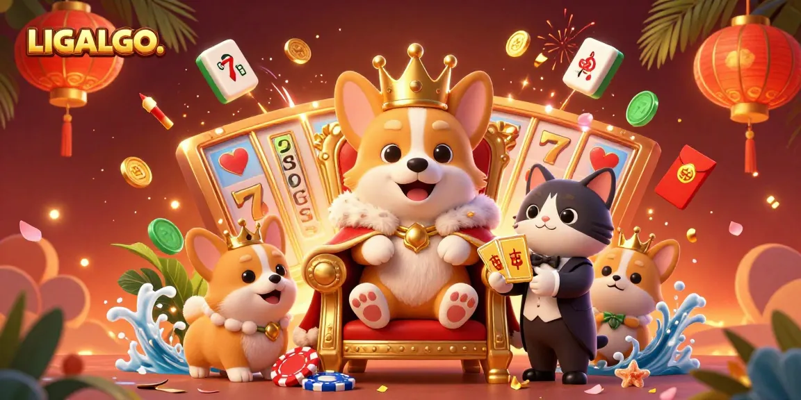 LIGALGO promotes vibrant gameplay showcasing a royal corgi and lucky symbols in a dynamic casino environment.
