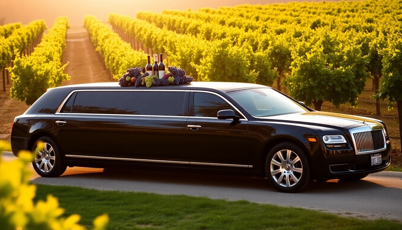 Experience wine tour limo packages beside a vineyard with a luxurious limousine and wine bottles.