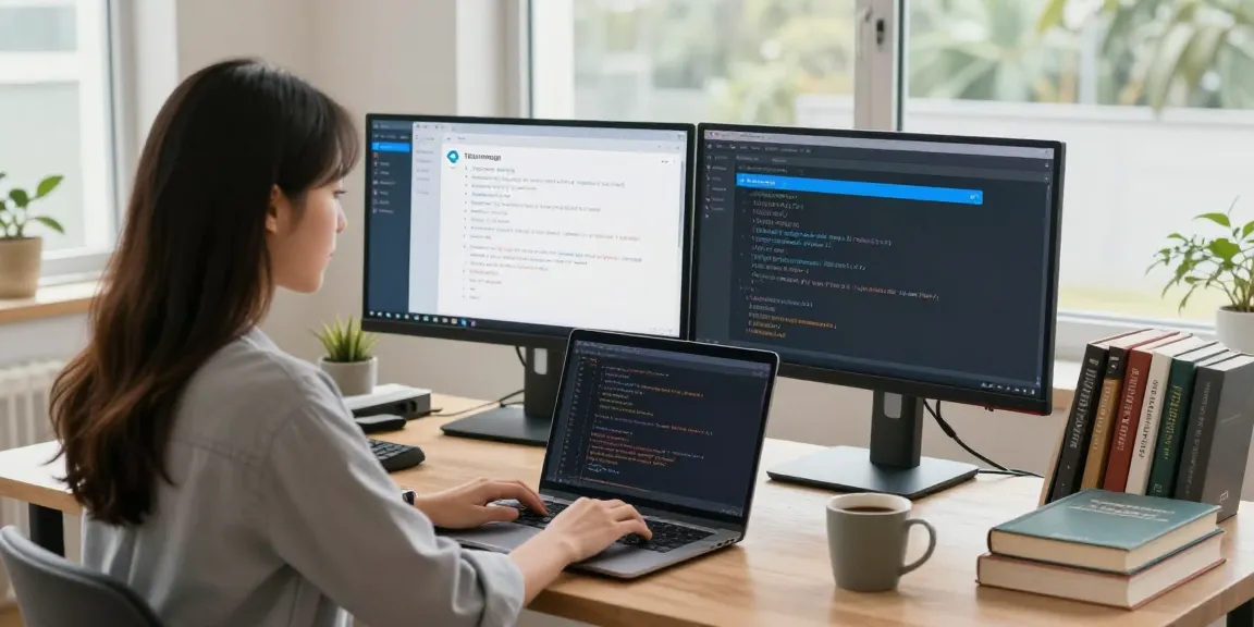 Young professional coding with 纸飞机中文版 on dual monitors in a bright home office.
