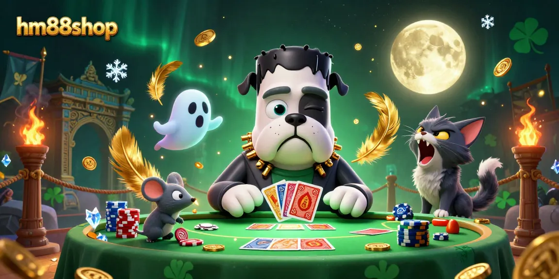 hm88shop engages players in thrilling card games at a spooky table with lively characters.