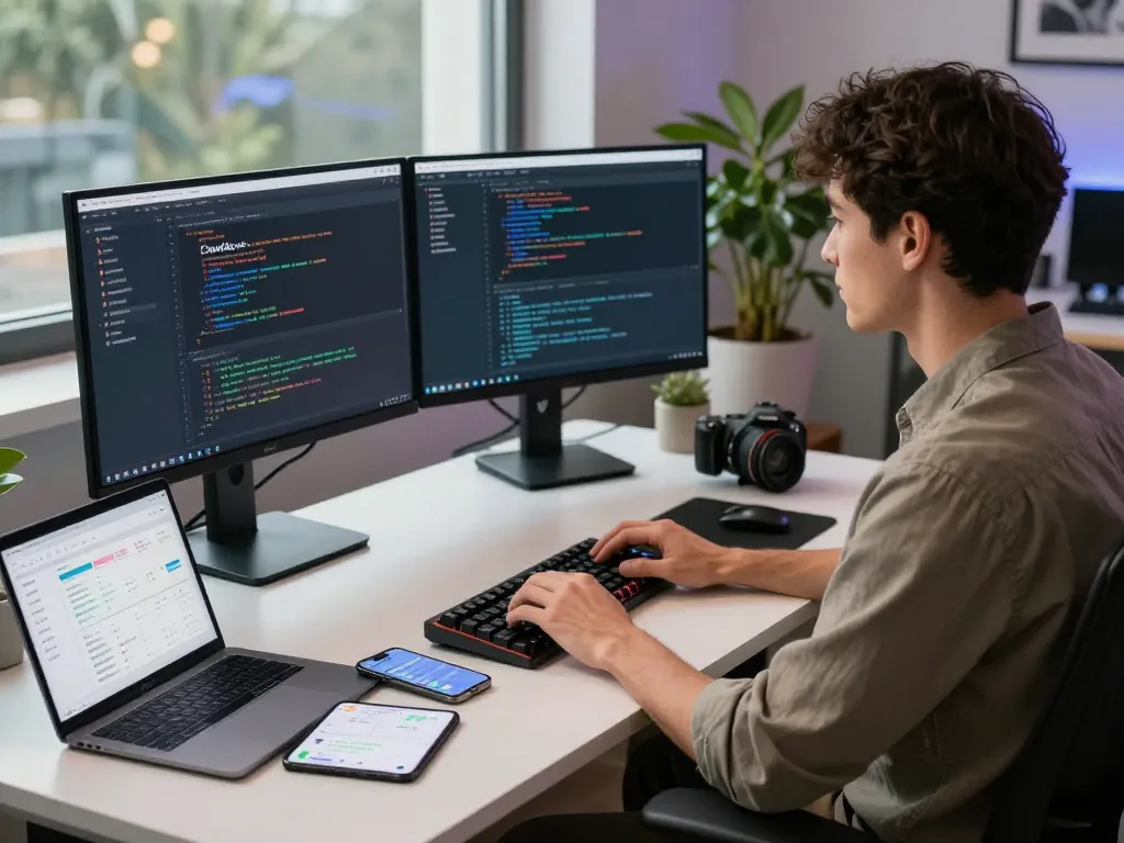 Clawdbot setup in a modern developer workspace with multiple screens and vibrant atmosphere.