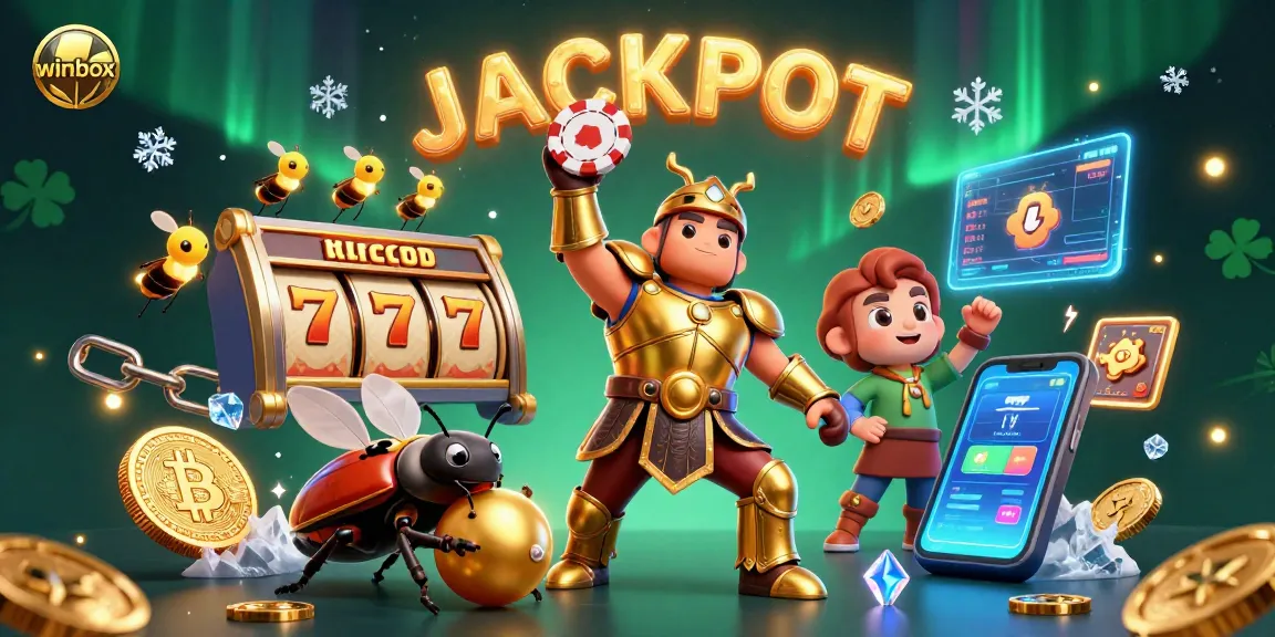 Winbox wins the jackpot with a victorious beetle, showcasing poker chips and colorful gaming elements.