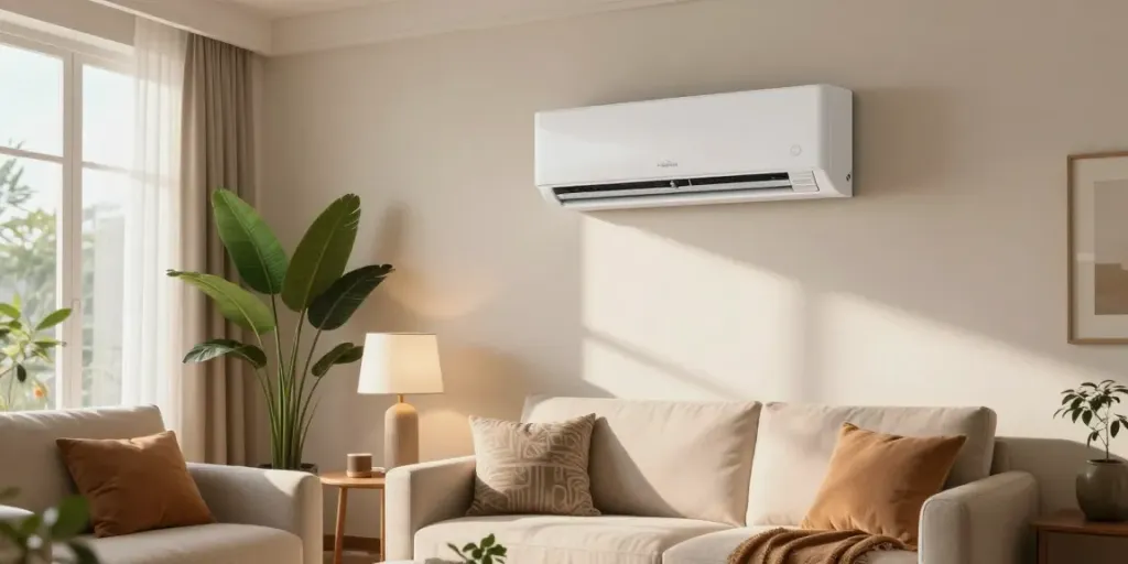 Modern home living room showcasing a mini split 18000 BTU air conditioner in a bright, welcoming environment.