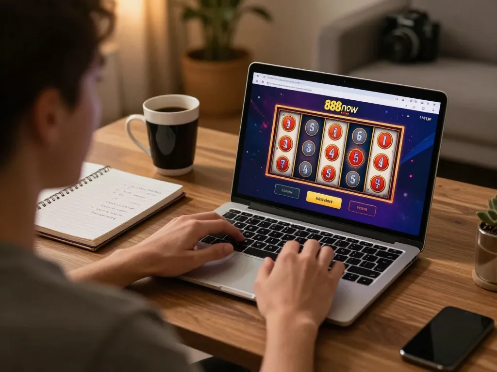 Playing slot games on 888now's online platform, engaging interface in a cozy home setting.
