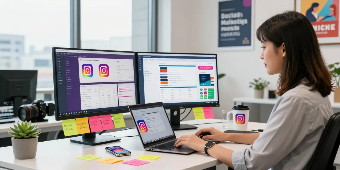 Young professional analyzing Instagram analytics to Buy Instagram Likes Safely in a bright modern office environment.