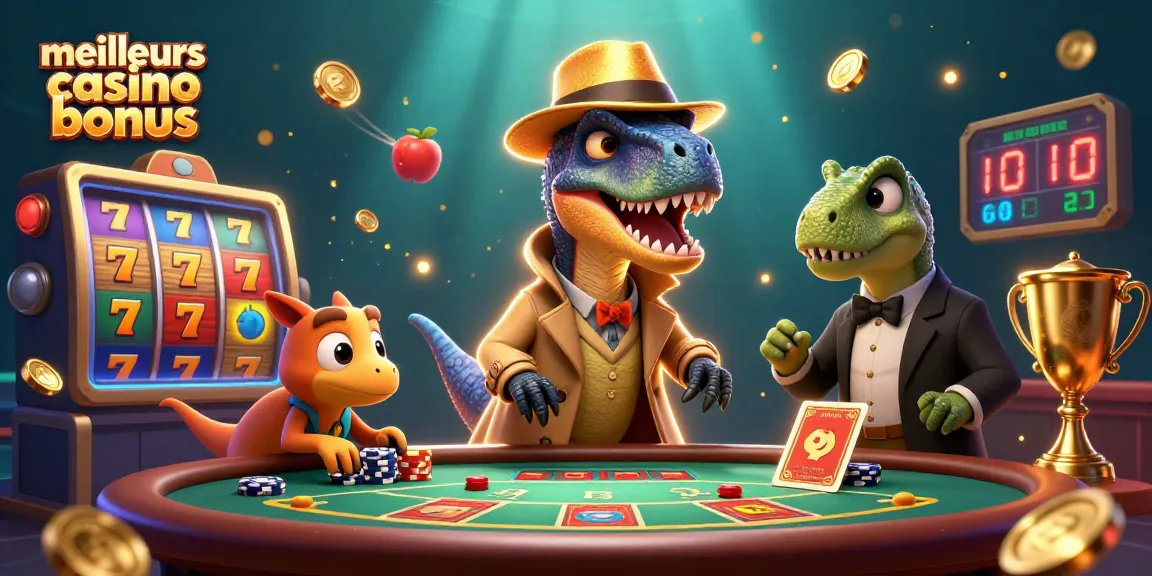 Profitez des meilleurs bonus de casino dans une scène dynamique de jeux de casino avec un raptor et un pit boss.