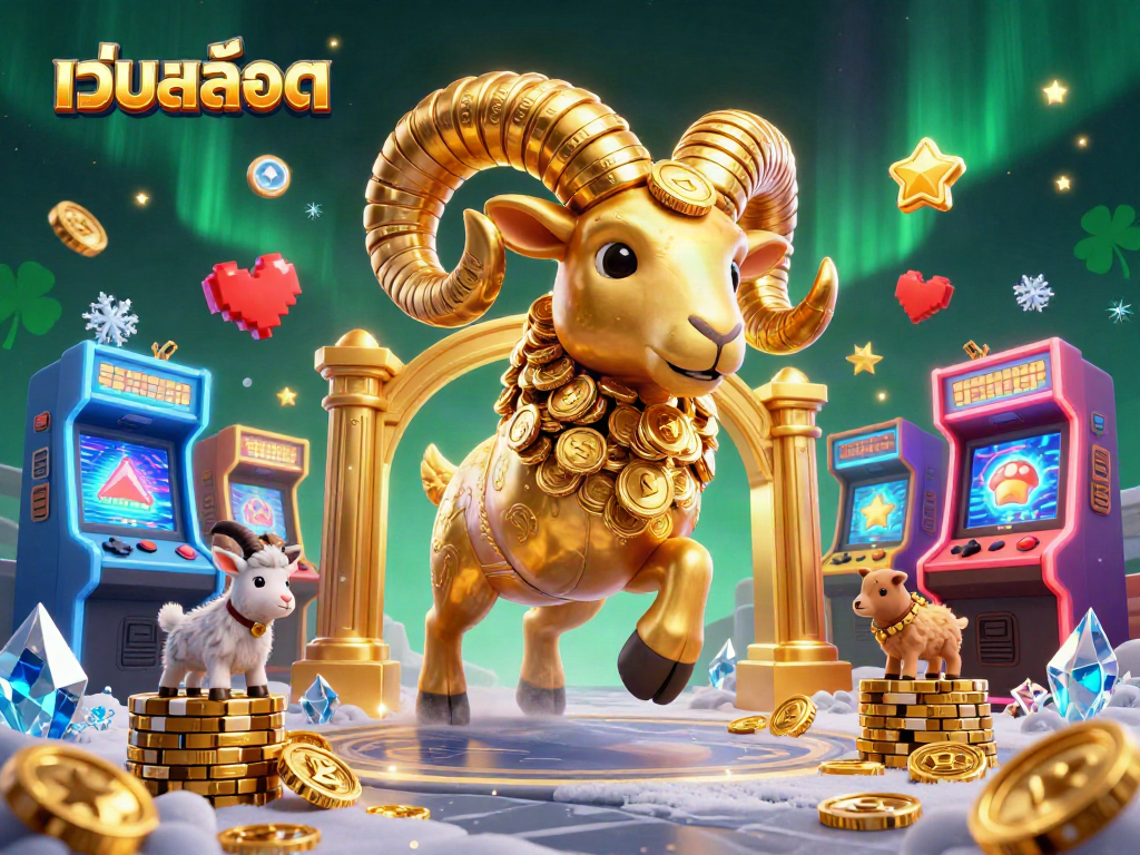 Engage with เว็บสล็อต through vibrant gaming elements and a cartoon ram charging through casino gates.