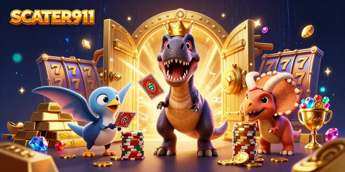 Experience SCATTER911 excitement as a T-Rex and friends stack chips and shuffle cards in a dazzling casino scene.