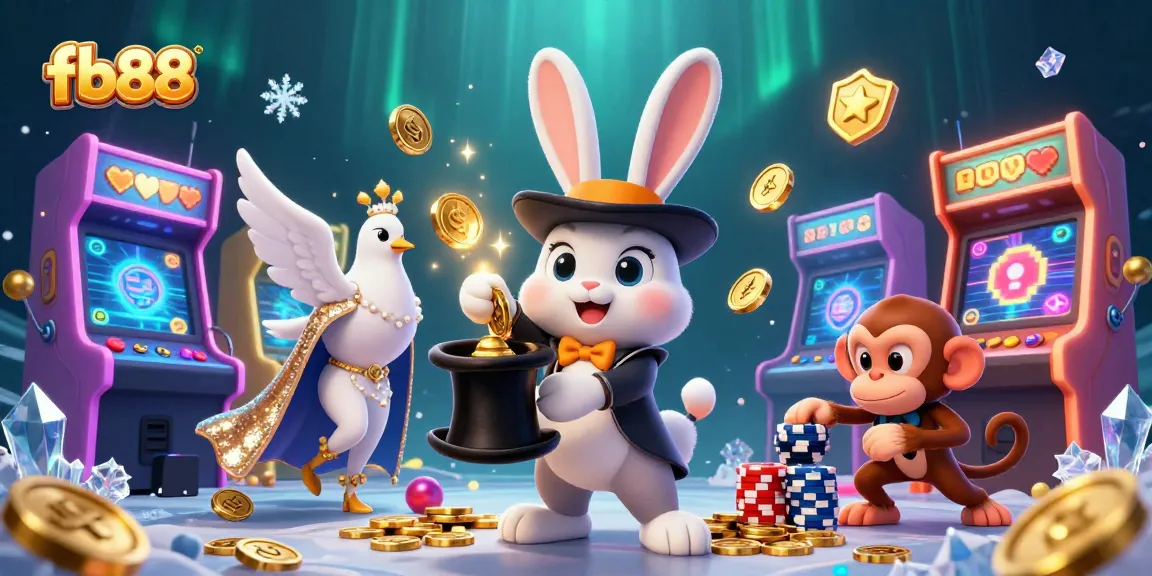 Experience the magic of fb88 with a busy casino scene featuring a magician rabbit and playful characters.