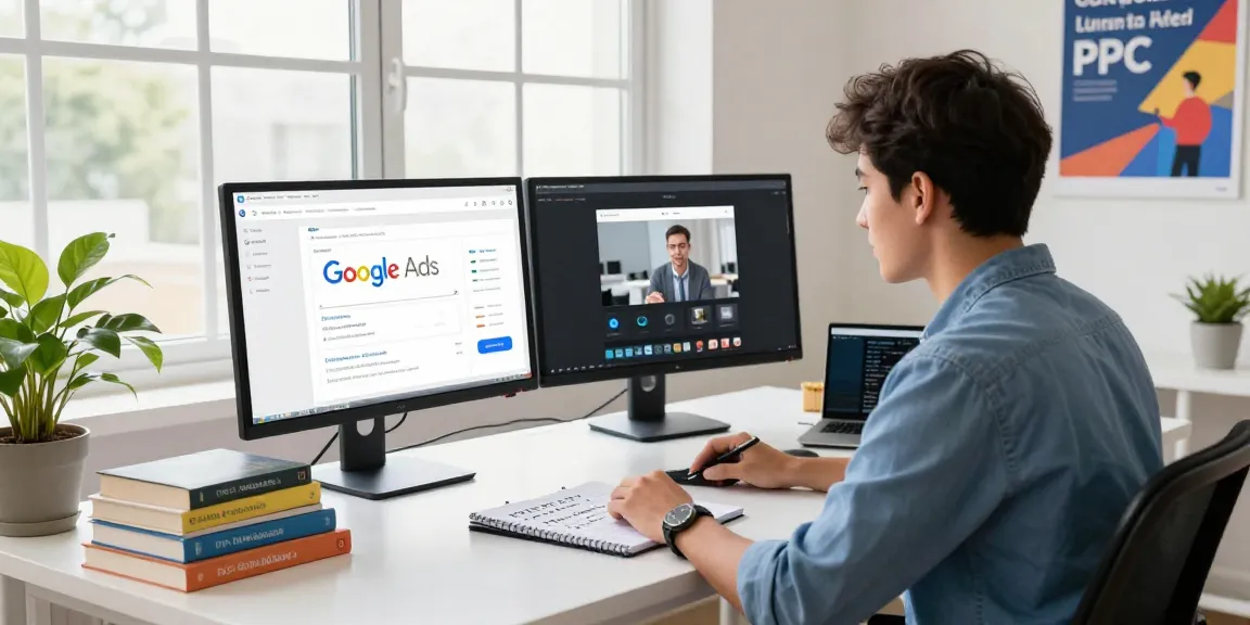 Engaging workspace scene for Google Ads and PPC mastery course, showcasing a digital marketer analyzing campaigns.